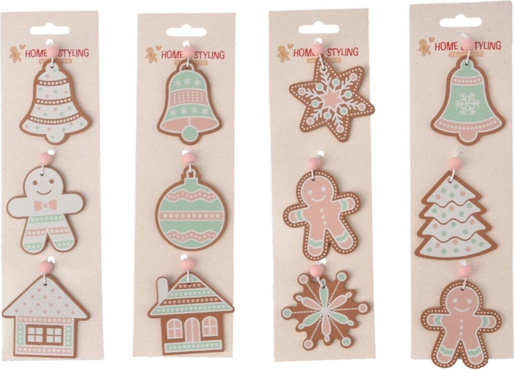 Hanging wooden ornament set, 3 pcs (mix of 4 designs)