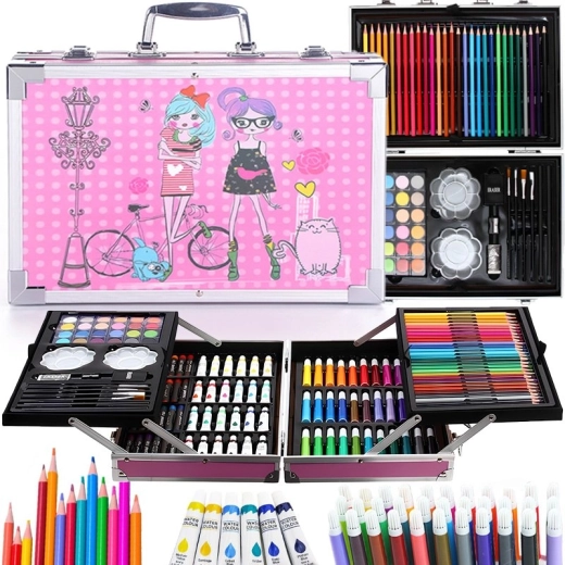 Children's Art Set in a Pink Suitcase Renew Force Girls, 145 Pieces