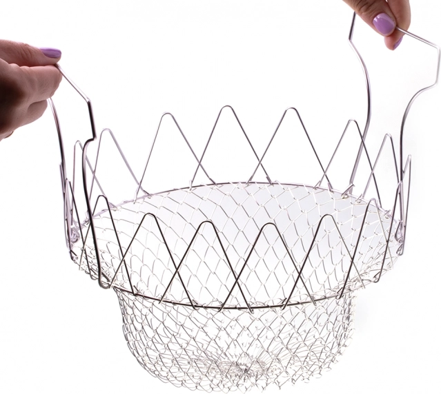 Folding basket, strainer for frying or cooking