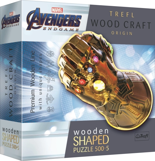 Дървен двустранен пъзел TREFL Wood Craft Origin Marvel: Ръкавицата на безкрайността – 505 части