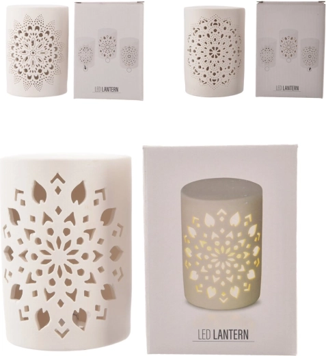 Porcelain LED candle holder with mandala motif, white
