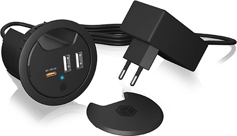 Настолна зарядна станция IB-HUB1407, 2× USB‑A и 1× USB‑C за отвор 60 mm