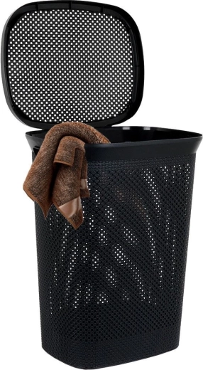 Plastic laundry basket 60 l with lid, black