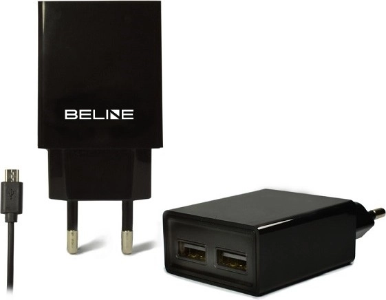 Мрежово зарядно BELINE 2× USB с кабел microUSB 2 A, черно
