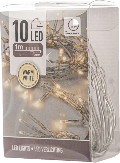 Indoor LED light string 1 m, 10 LEDs, warm yellow, with timer