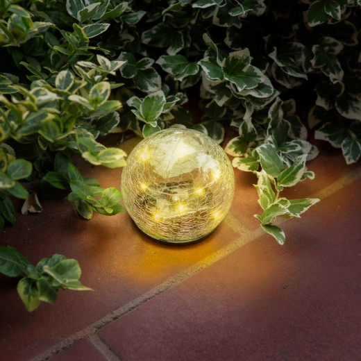 Solar spike light globe made of cracked glass, 10 cm, 10 warm white LEDs