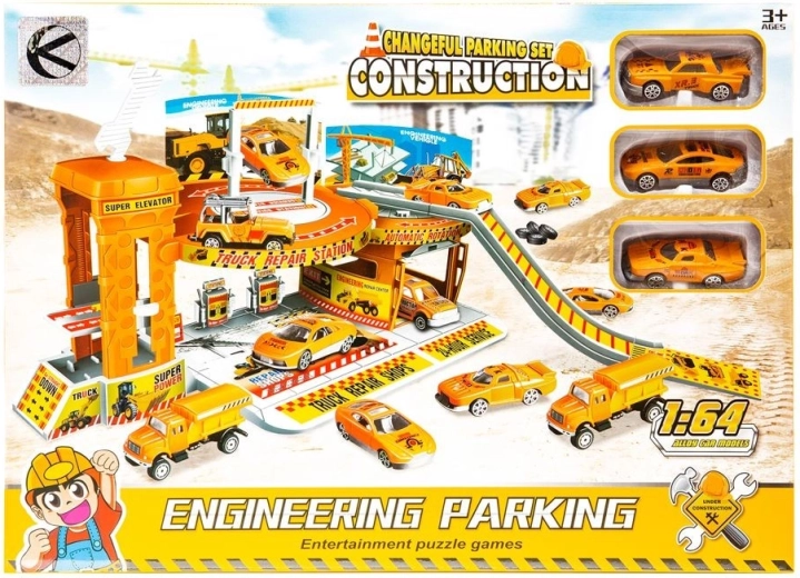 Parking garage for construction vehicles with 3 toy cars