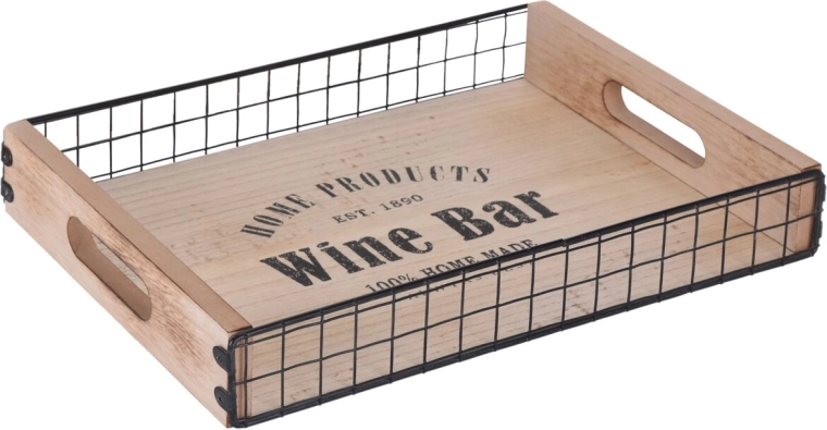 Large wooden and metal serving tray 39.5 × 30 cm