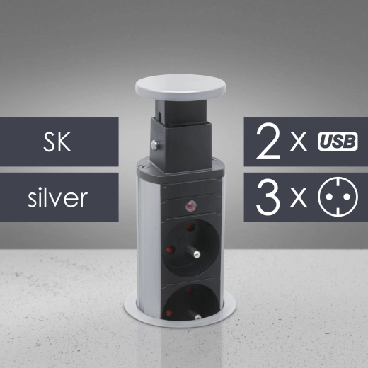 Изтеглящ се настолен контакт с 3 гнезда и USB портове, сребрист