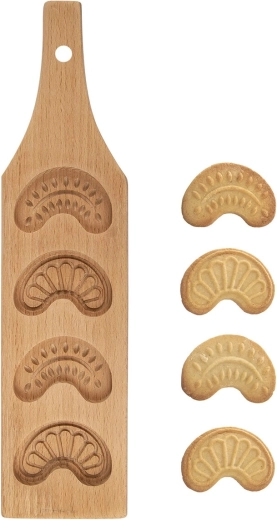 Wooden cookie press mold for shaped crescent cookies, 4 shapes