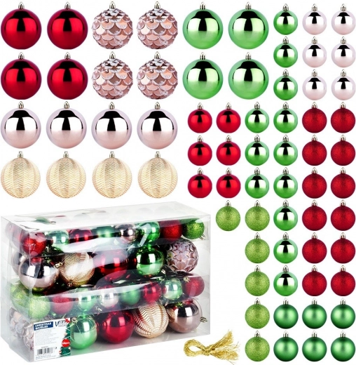 Shatterproof Christmas tree ornaments 68 pcs, red, pink, gold and green, 8 and 5 cm