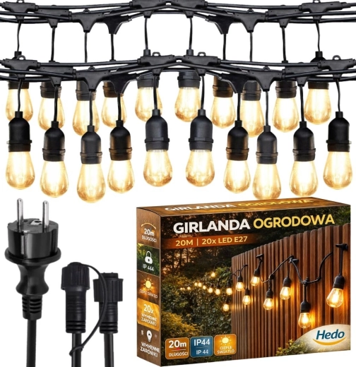 Външна светлинна гирлянда 20 м с 20 сменяеми LED крушки E27, топло бяла, IP44