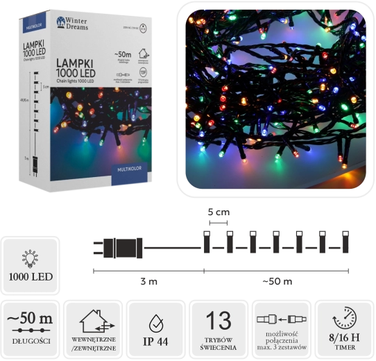 LED коледен светлинен гирлянд 1000 диода multicolor 50 м, за вътрешна/външна употреба - 1 брой