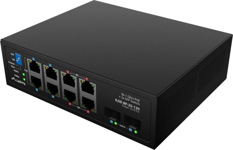 8× Gigabit PoE + 2× SFP uplink for flexible topology