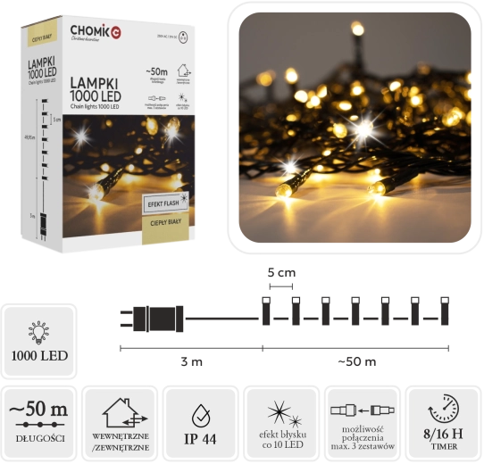LED светлинен гирлянд 1000 LED топло бяло + студен flash 53 м (3 м захранващ кабел) за вътрешна и външна употреба