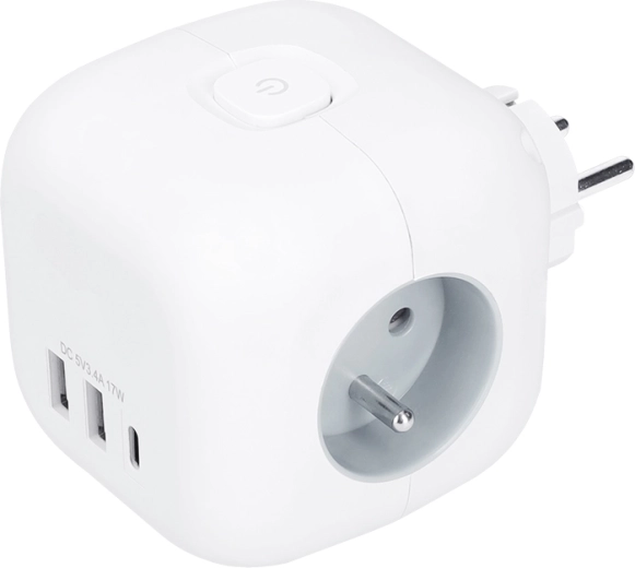 Solight разклонител тип куб с 3 гнезда 230 V + USB-A/USB-C, бял