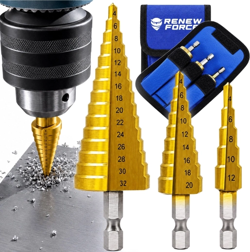 RENEW FORCE Step Drill Bit Set with Titanium Coating 4–32 mm