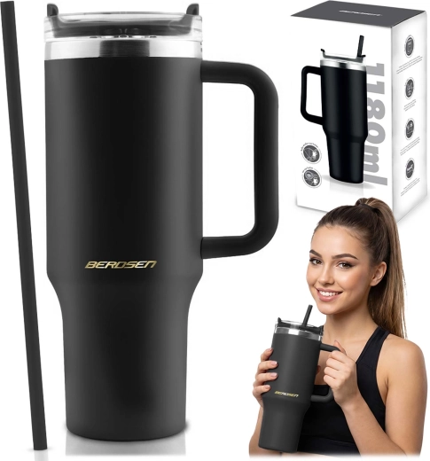 Berdsen thermal mug with straw 1180 ml, black