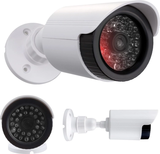 реалистична имитация на тубусна камера с IR LED, бяла, захранване 2× AA, ABS, IP44