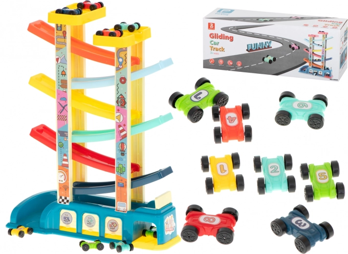 Colorful Race Track with Slide and Garage – 8 Cars