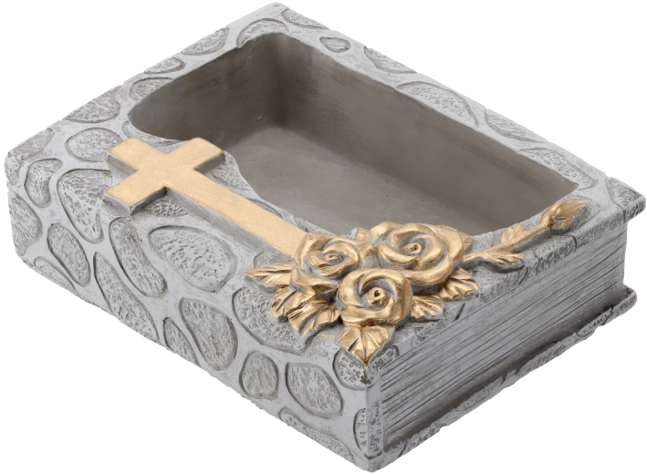 Циментова гробищна саксия книга с кръст, сиво-златиста 22 × 16,5 × 7,5 cm