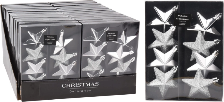 Christmas stars 6.5 cm – silver mix (8 pcs)