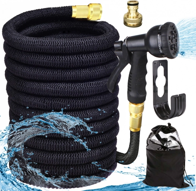 Expandable garden hose 5–15 m with spray gun, metal connectors and accessories