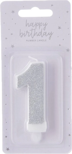 Number 1 cake candle, silver, 7 cm