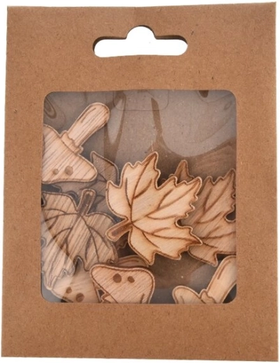 Wooden embellishments – mushrooms and leaves, 8 pcs