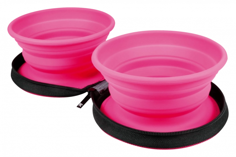 Kiwi Walker Travel Double Bowl for Pets – pink, collapsible silicone 2×350 ml