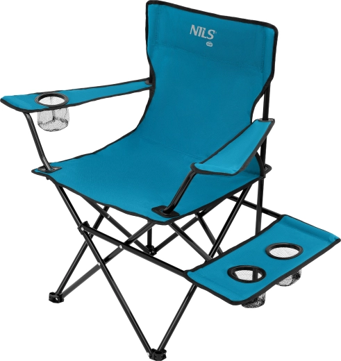 Folding camping chair NILS Camp with side table and cup holders, blue-gray