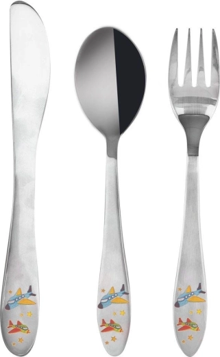 Children's stainless steel cutlery with airplane motif, 3 pcs