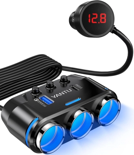 Yantu car cigarette lighter splitter with 3 sockets, USB and USB-C
