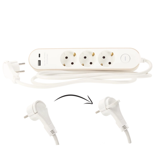 Surge-protected extension strip with switch, 3 Schuko sockets and 2 USB (USB-A + USB-C), 1.5 m, white