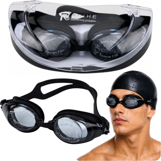 Swimming goggles with anti-fog coating and UV protection, black, with case