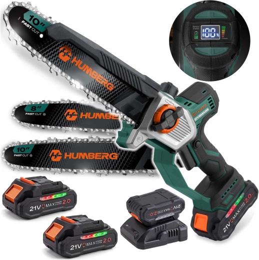 Humberg HM-437 cordless mini chainsaw with 10" and 8" guide bar (2× 21 V 2.0 Ah)
