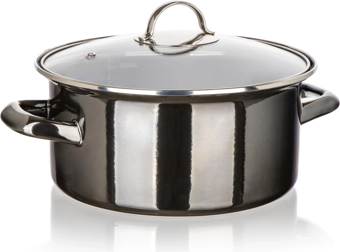 Enamel Pot with Glass Lid 22 cm, 3.7 l Metallic Black