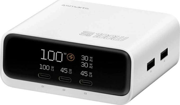4smarts GaN 100 W Desktop Charger with Display, 3× USB‑C + 2× USB‑A, White