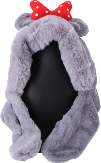 Children's plush hat with scarf for kids aged 1 to 8 - gray with red bow