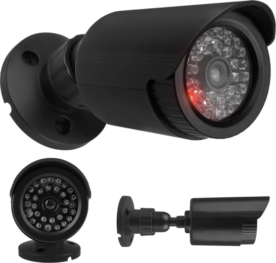Dummy outdoor bullet camera with IR LED, black, powered by 2× AA