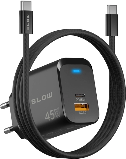 BLOW GaN 45 W Wall Charger (USB-C PD + USB-A QC 3.0) with USB-C–USB-C Cable