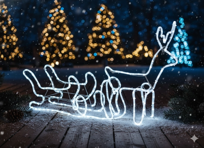 Коледен LED елен със шейна 120 × 27 × 66 см – студено бяло със студено мигане