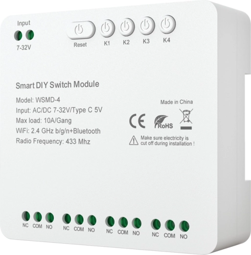 Smart four-channel DIY switching module AVATTO 7–32 V with Wi‑Fi, Bluetooth and 433 MHz RF