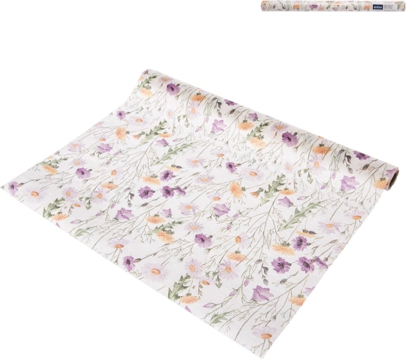 Paper table runner with spring flowers motif, purple, 40 × 180 cm