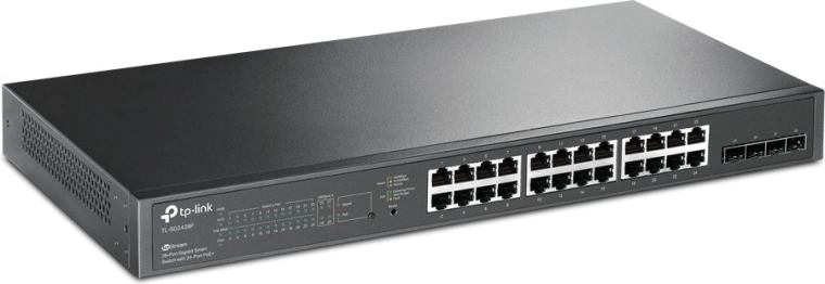 Комутатор TP-Link JetStream с 28 гигабитови PoE+ порта и 4 SFP