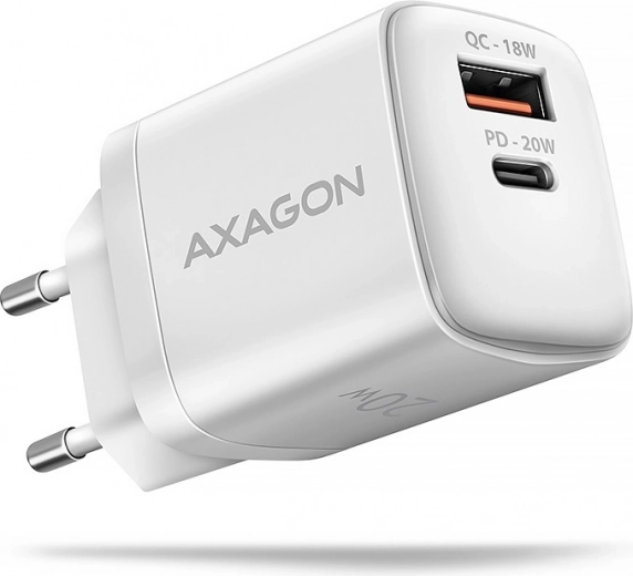 Axagon GaN 20 W wall charger USB-C PD + USB-A QC white