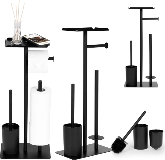 ModernHome bathroom toilet paper stand with toilet brush and shelf, black