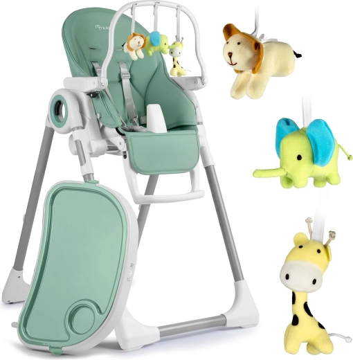 Belo 2-in-1 high chair, green, with tray and toy bar with toys