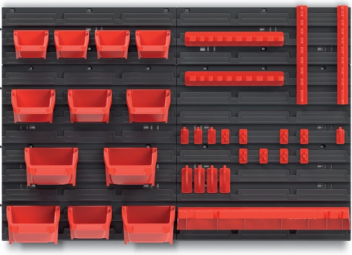 Hanging panel with 12 bins, BINEER hook set and BINNER shelf