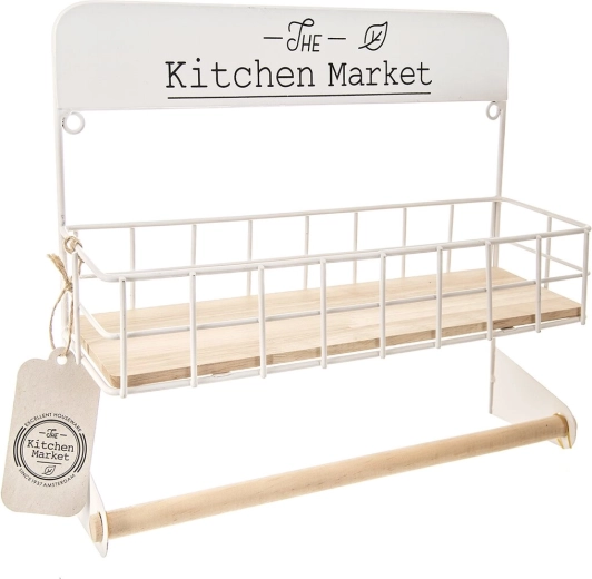 Wood and Metal Kitchen Paper Towel Holder, White